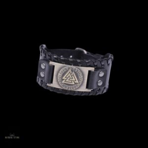 bracelet cuir viking Valknut noir et alliage bronze