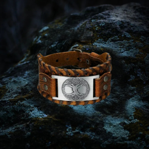 Bracelet de force viking arbre de vie marron argent