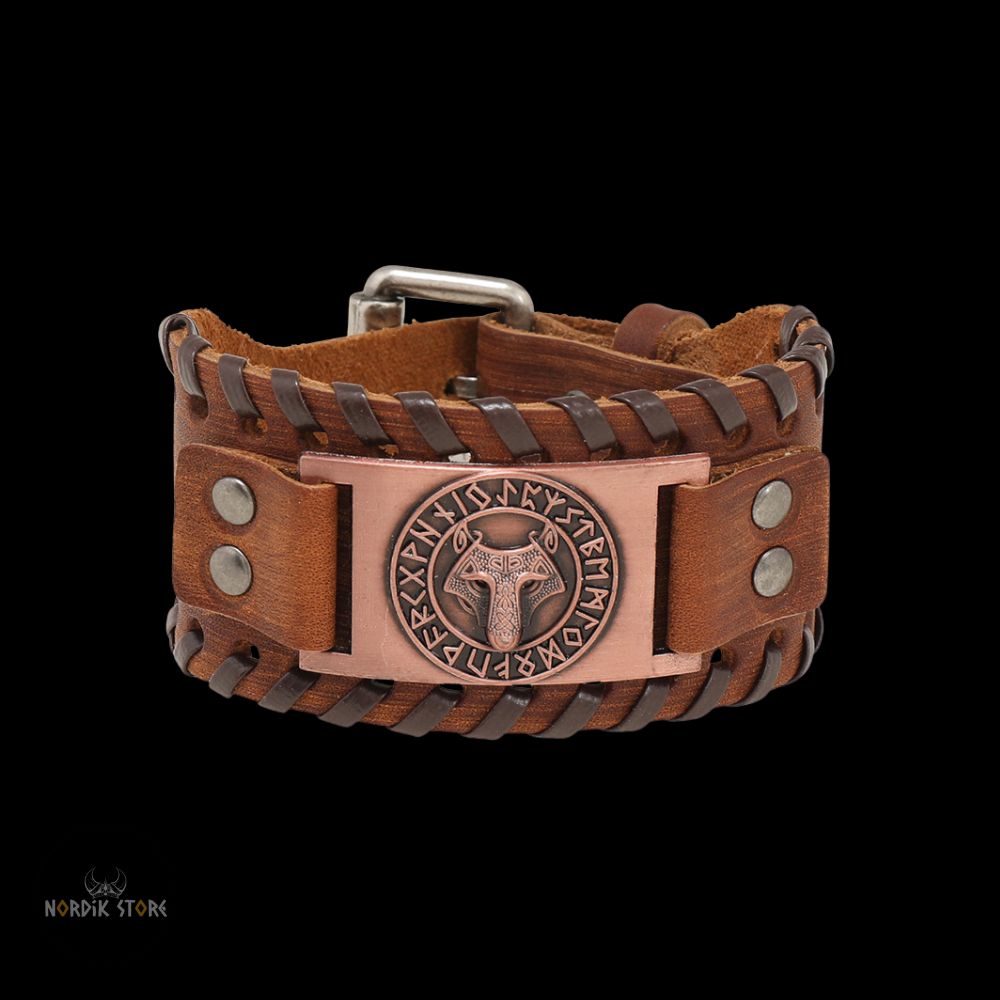 bracelet de force viking loup Fenrir marron et cuivre, cadeau