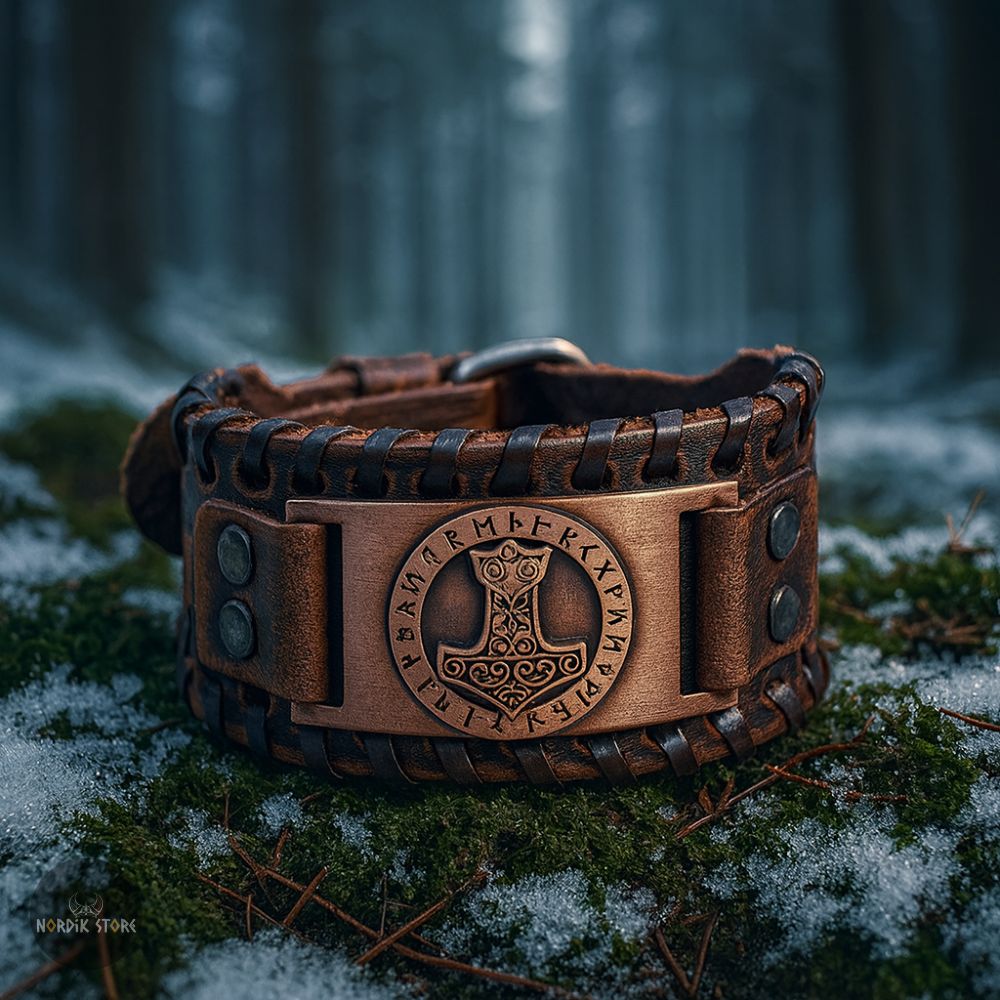 bracelet de force viking Mjöllnir en cuir marron et acier cuivre, cadeau homme