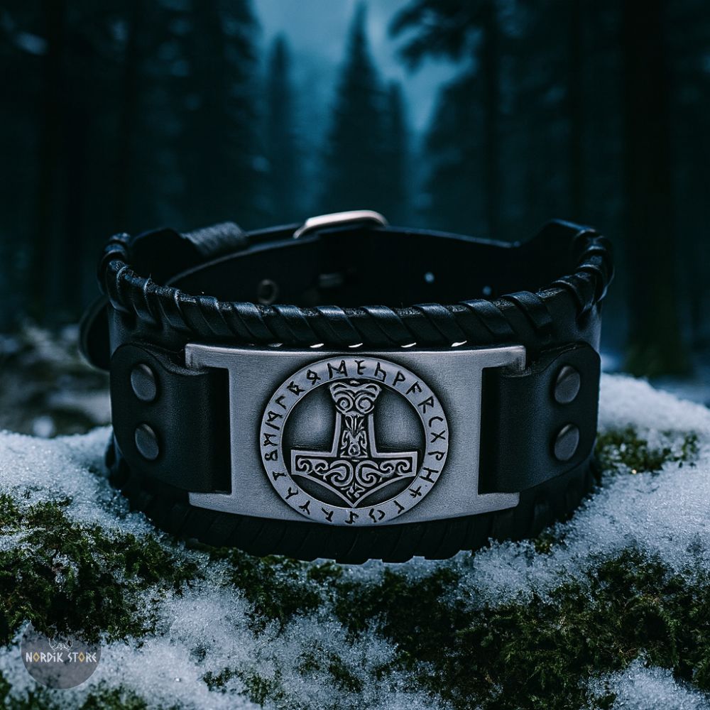 bracelet de force viking Mjöllnir en cuir noir et acier argent, cadeau homme