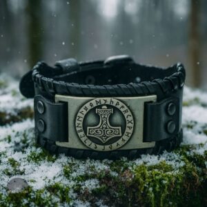 bracelet de force viking Mjöllnir en cuir noir et acier bronze, cadeau homme