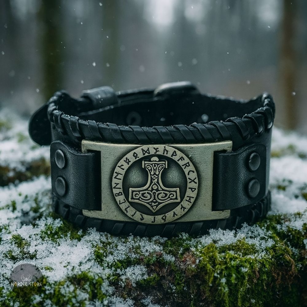 bracelet de force viking Mjöllnir en cuir noir et acier bronze, cadeau homme