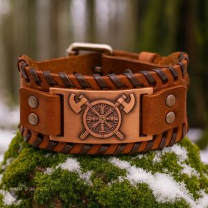 bracelet les haches des Jómsvíkings en cuir marron et cuivre, cadeau