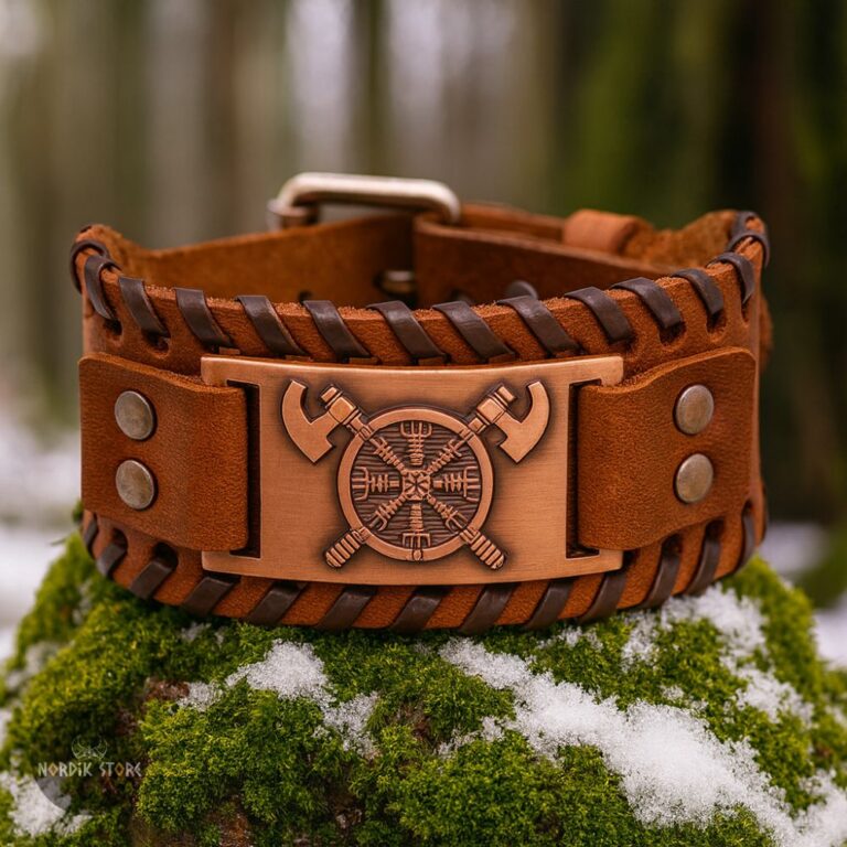 bracelet les haches des Jómsvíkings en cuir marron et cuivre, cadeau