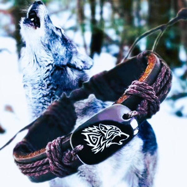 Bracelet viking le chant du loup marron cuir