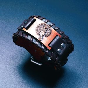 Bracelet viking cuir corbeaux marron cuivre