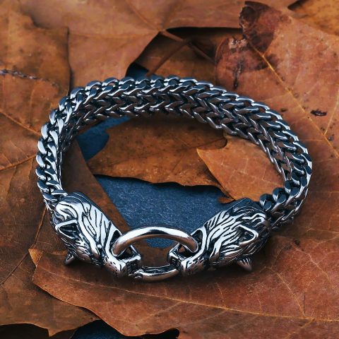 Bracelet cuir avec têtes de loup Sköll et Hati