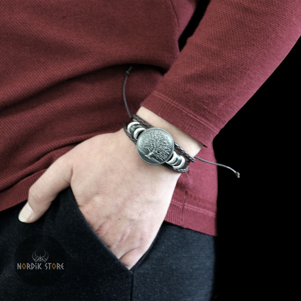 bracelet viking protecteur Yggdrasil marron, cadeau homme et femme