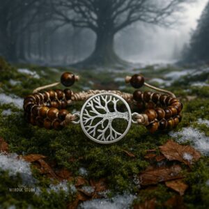 bracelet Yggdrasil viking argent et oeil de tigre, cadeau homme et femme