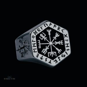 Chevalière bagues viking runes et compas en acier homme