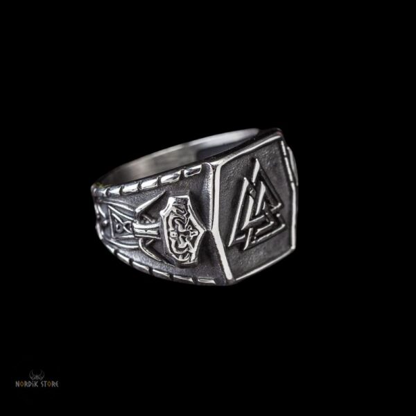 Chevalière viking Valknut Mjöllnir acier, cadeau