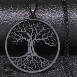 collier arbre de vie Yggdrasil en acier noir, cadeau