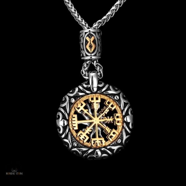Collier compas viking Vegvisir en acier, cadeau homme et ados