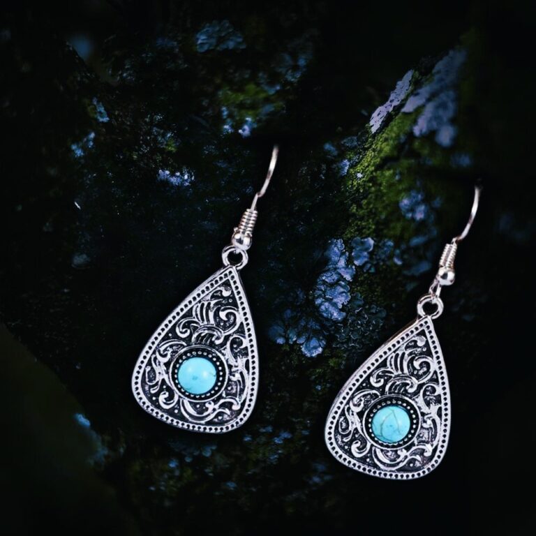 Boucles d'oreilles vikings Frigg en acier argent et pierres turquoises, cadeau femme