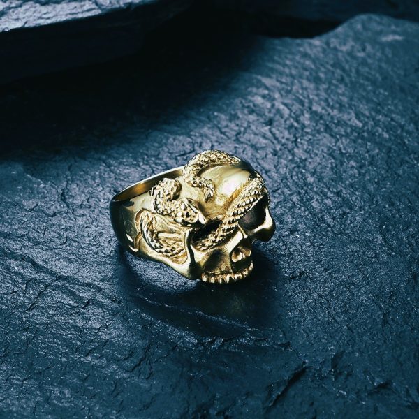 Bague viking crâne et serpent or