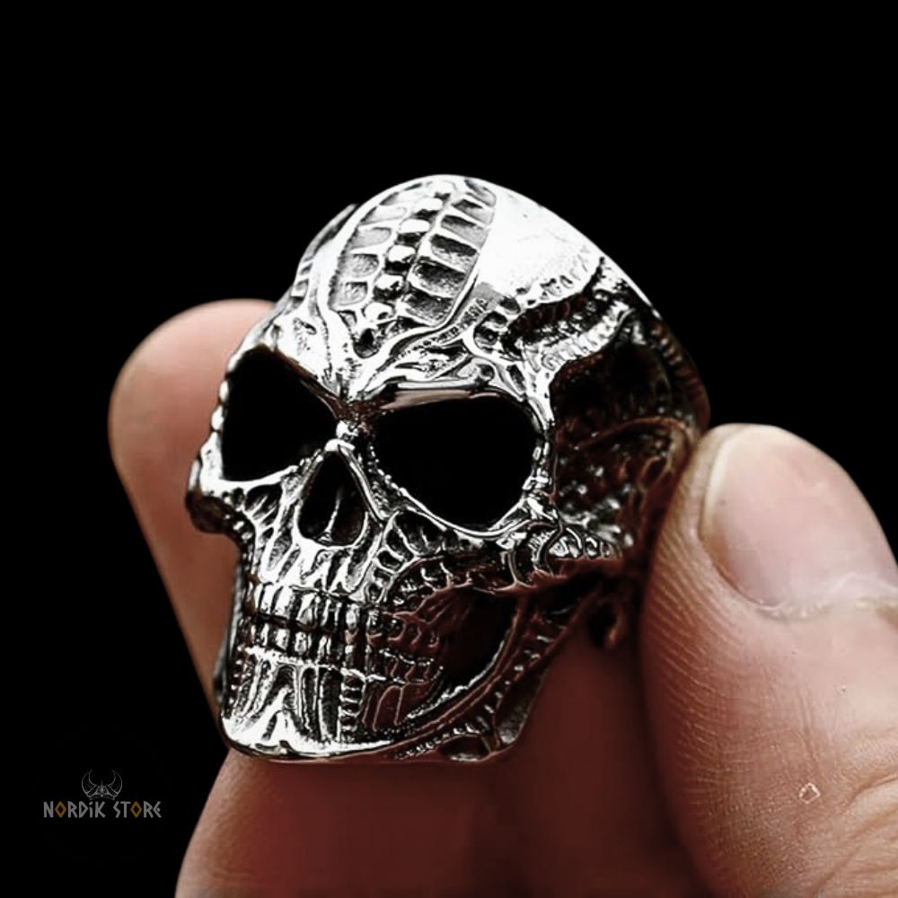 bague viking Tête Mort en acier argent, cadeau homme et ados