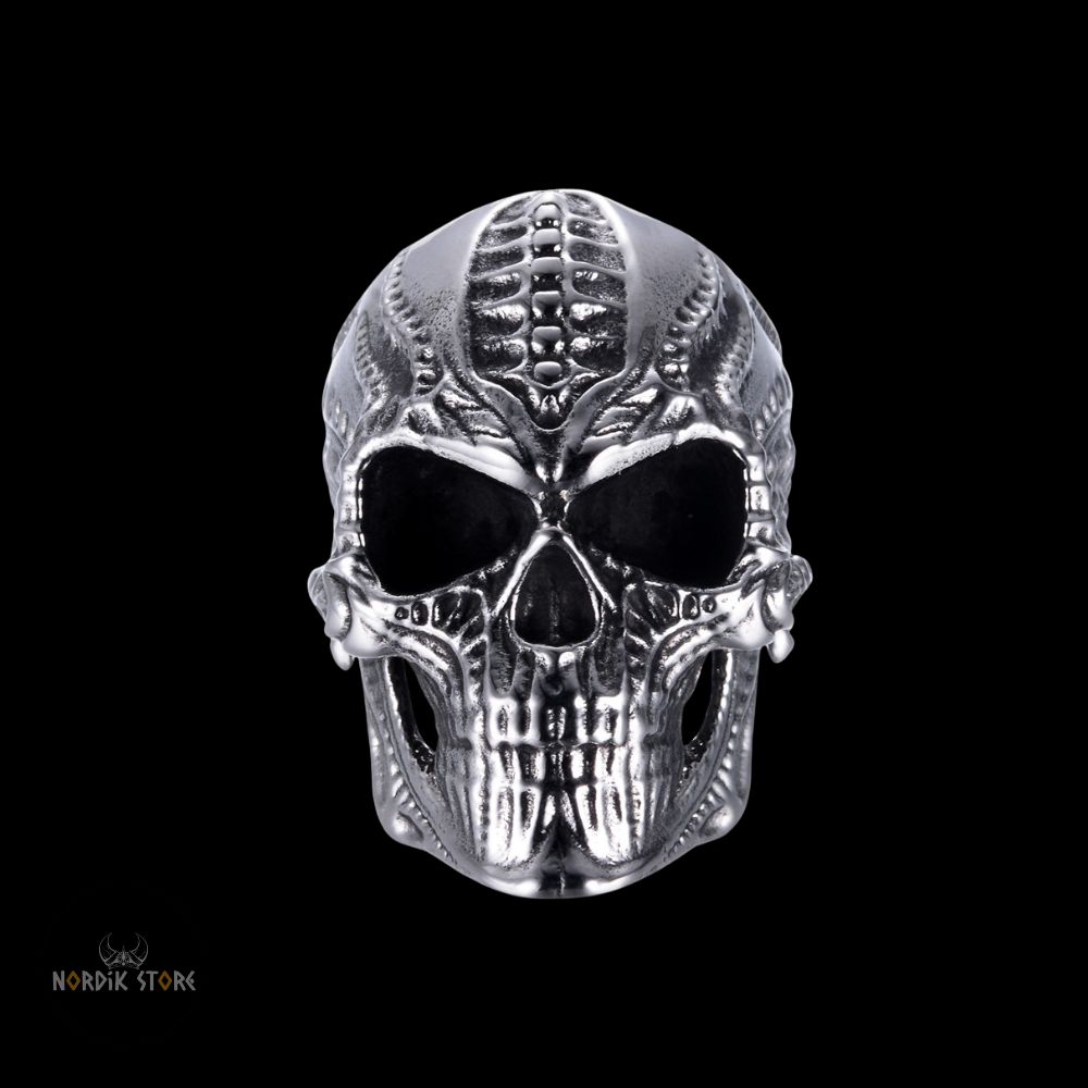 bague viking Tête Mort en acier argent, cadeau