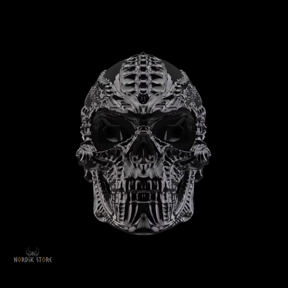 bague viking Tête Mort en acier noir, cadeau