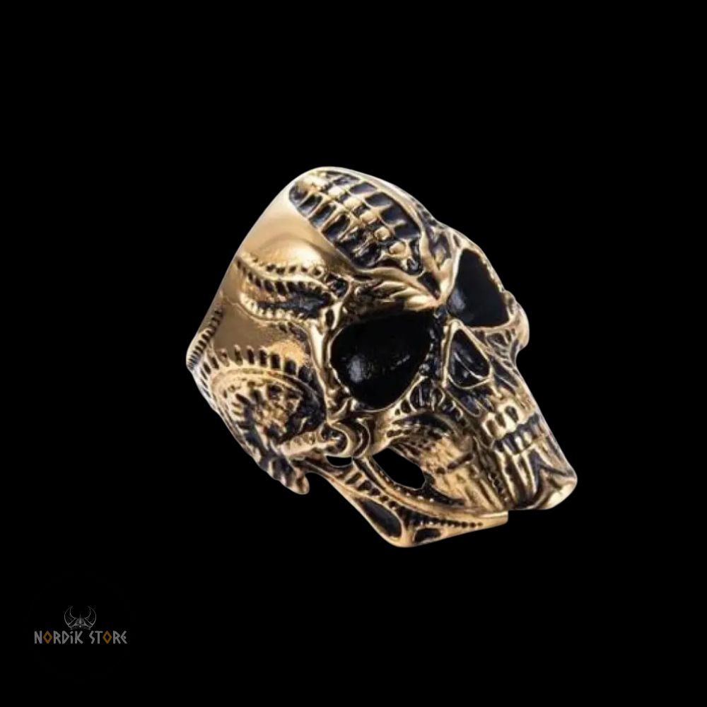 bague viking Tête Mort en acier or, cadeau homme et ados