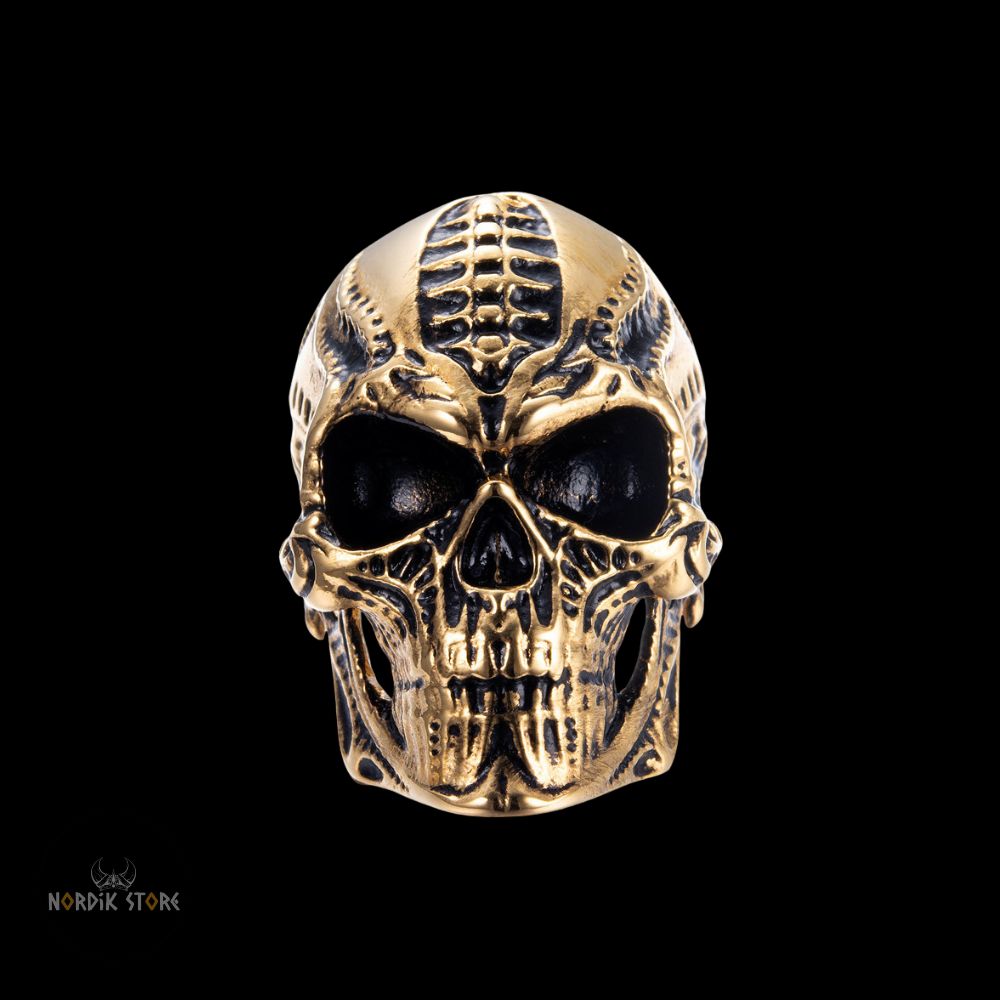 bague viking Tête Mort en acier or, cadeau