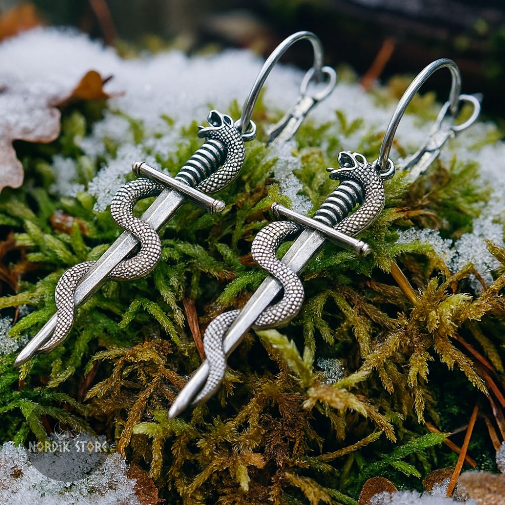 boucles d'oreilles viking épée Jörmungand argent, cadeau