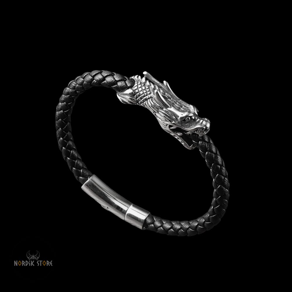 bracelet dragon viking de Midgard en cuir et acier, cadeau homme