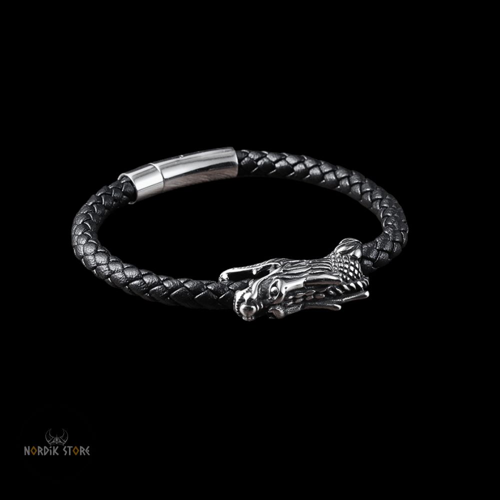 bracelet dragon viking de Midgard en cuir et acier, cadeau