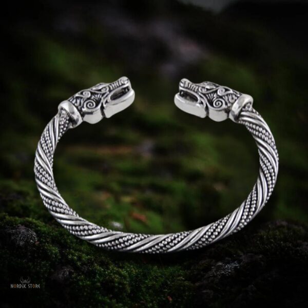 Bracelet Têtes de Loup Fenrir viking argent, cadeau homme