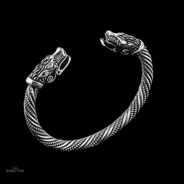 Bracelet Têtes de Loup Fenrir viking argent, cadeau homme et ados