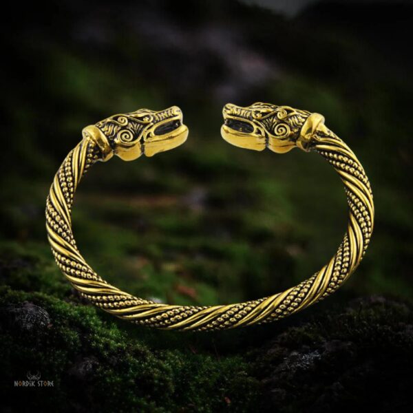 Bracelet Têtes de Loup Fenrir viking or, cadeau homme
