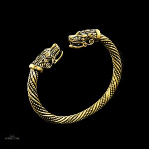 Bracelet Têtes de Loup Fenrir viking or, cadeau homme et ados