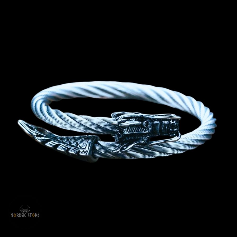 bracelet viking dragon Fafnir en acier argent, cadeau homme