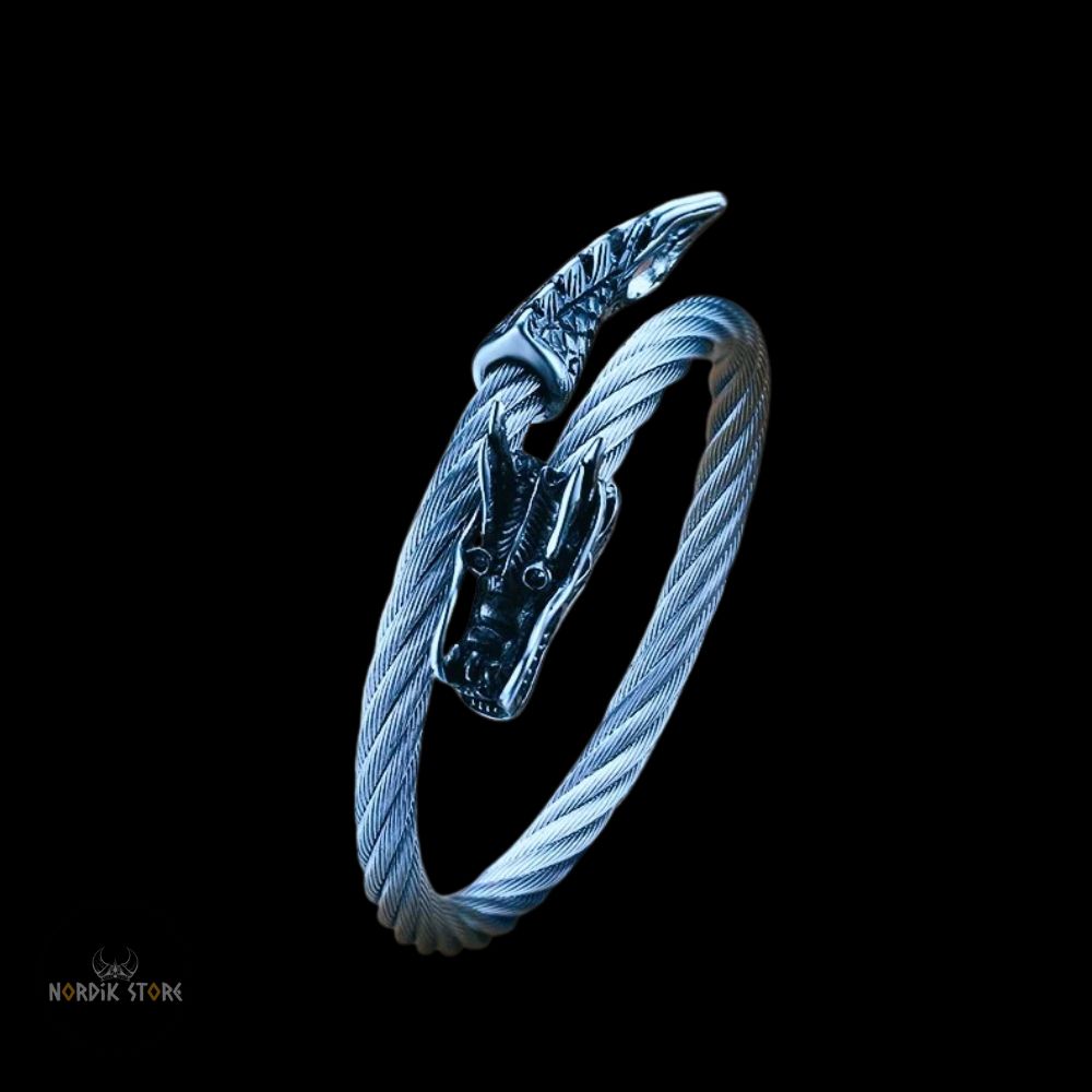 bracelet viking dragon Fafnir en acier argent, cadeau