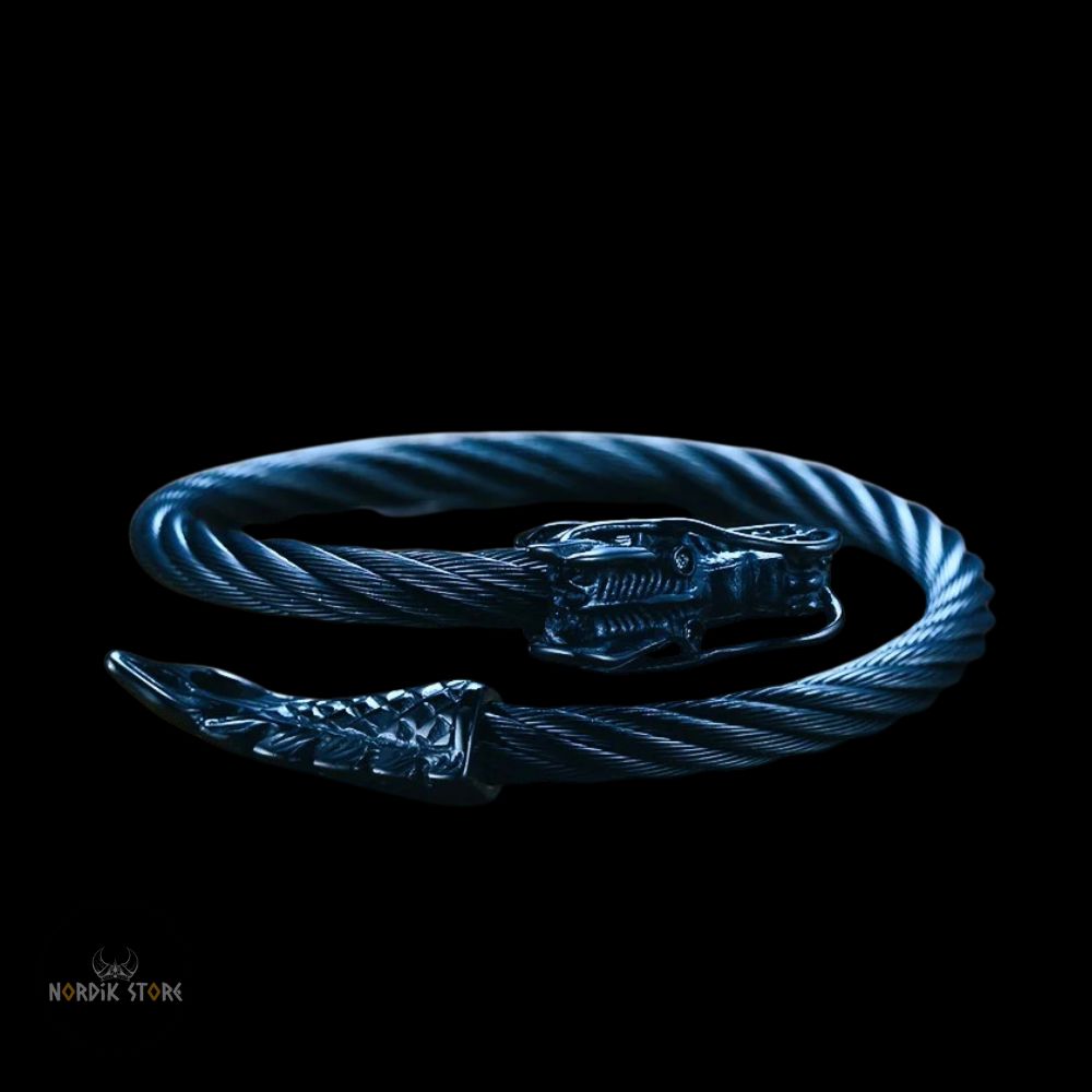 bracelet viking dragon Fafnir en acier noir, cadeau homme