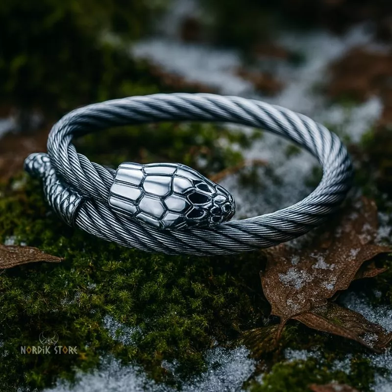 bracelet viking Serpent Midgard en acier argent, cadeau homme et femme