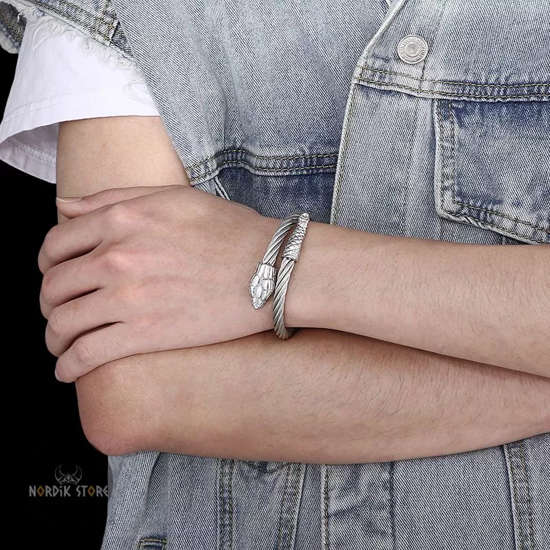 bracelet viking Serpent Midgard en acier argent, cadeau homme
