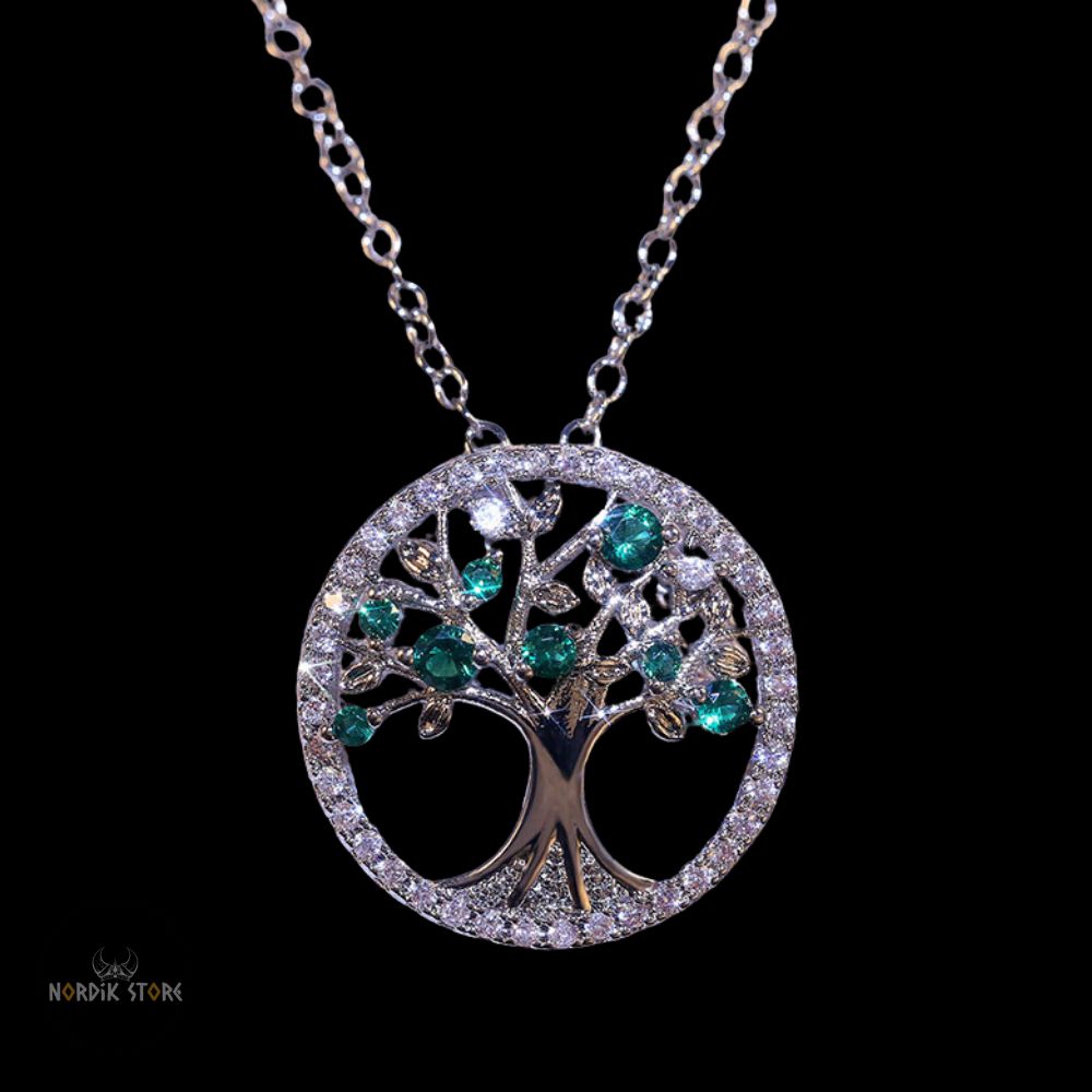 collier viking arbre de vie Lagertha en alliage et pierres vertes, cadeau femme