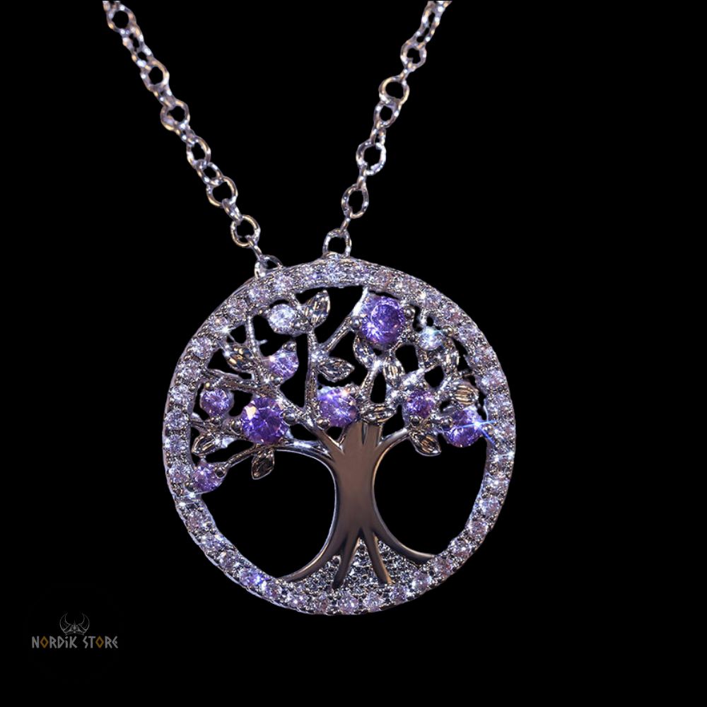 collier viking arbre de vie Lagertha en alliage et pierres violettes, cadeau femme