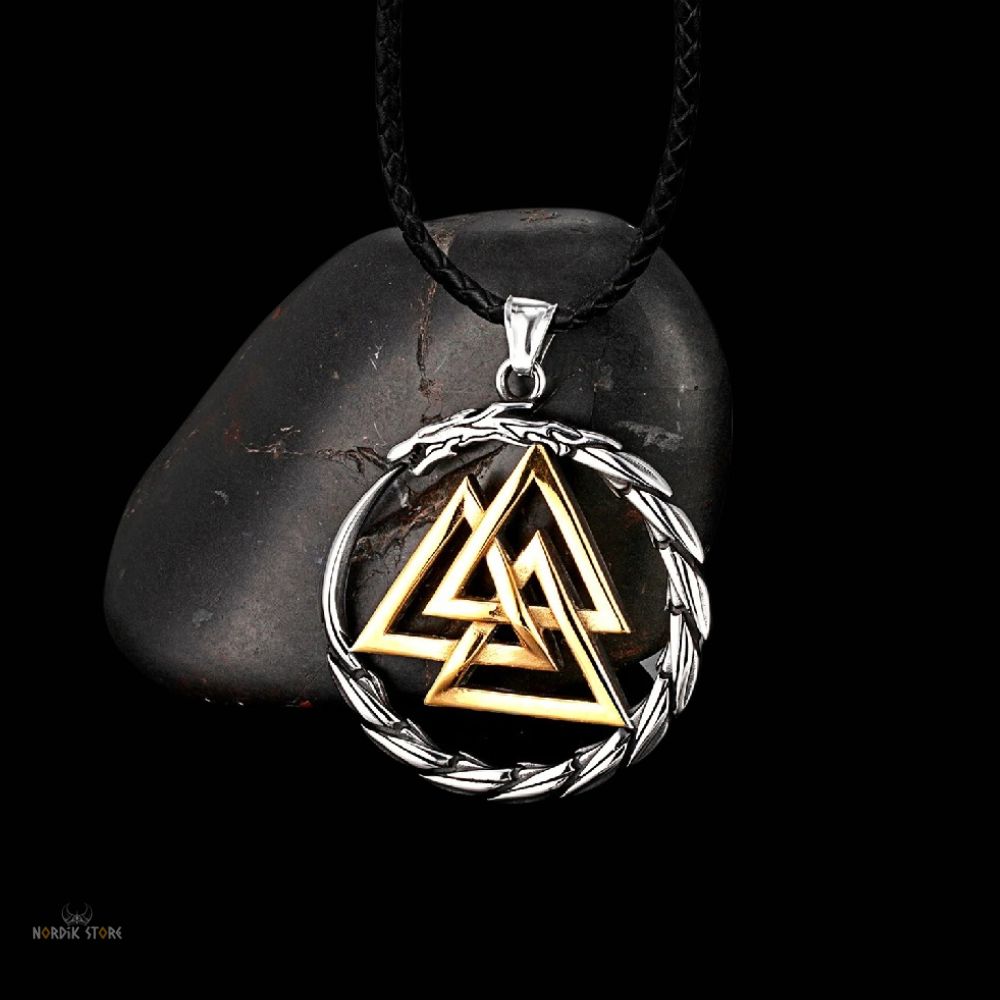 collier Viking dragon Valknut en acier or et cuir, cadeau