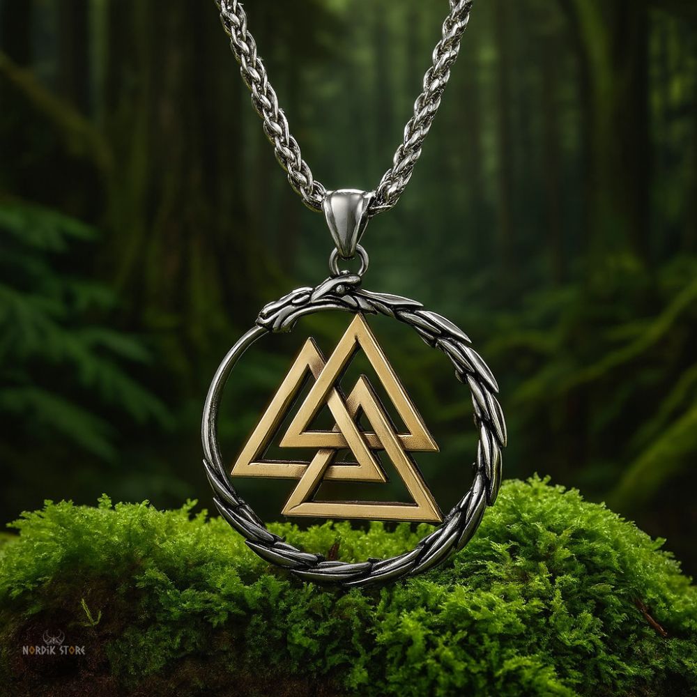 collier Viking dragon Valknut or, cadeau