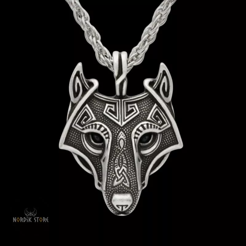 collier viking loup Úlfheðnar argent et yeux noirs, cadeau homme