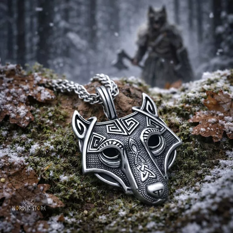 collier viking loup Úlfheðnar argent et yeux noirs, cadeau