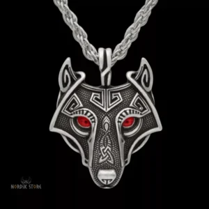 collier viking loup Úlfheðnar argent et yeux rouges, cadeau homme