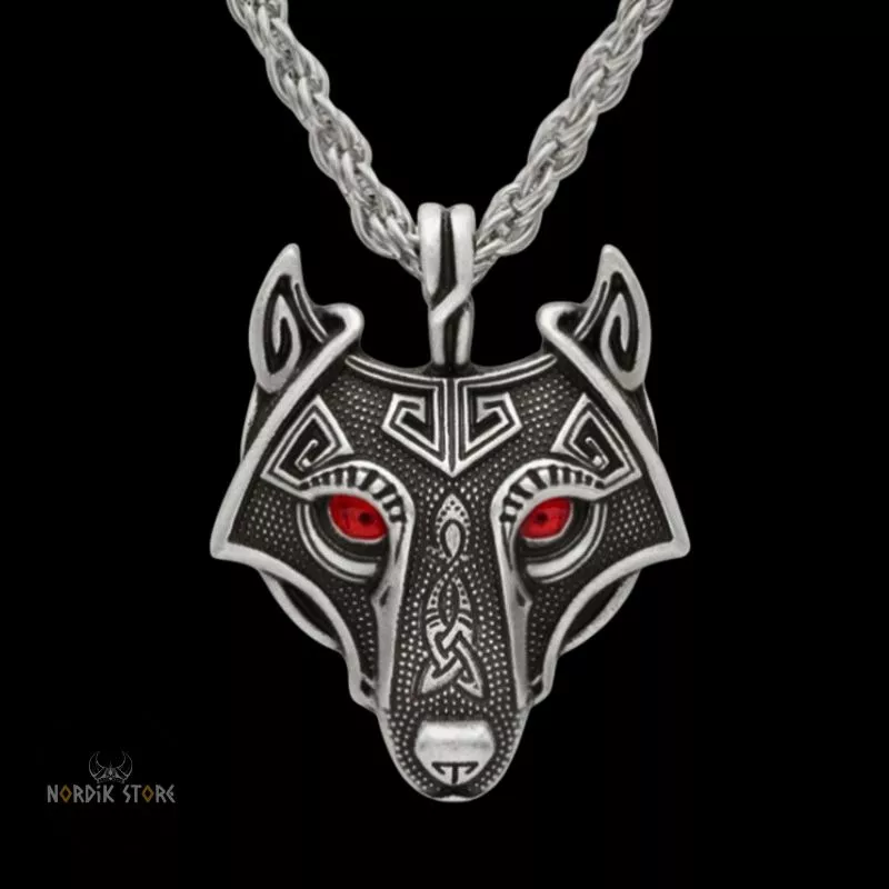 collier viking loup Úlfheðnar argent et yeux rouges, cadeau homme