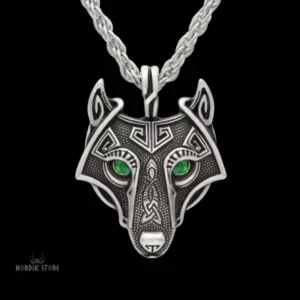 collier viking loup Úlfheðnar argent et yeux verts, cadeau homme