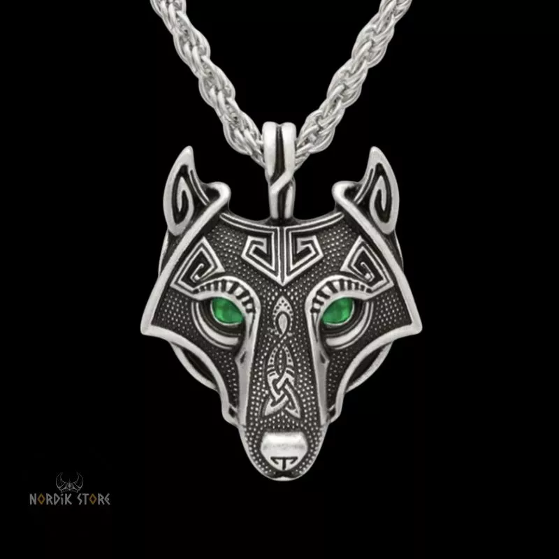 collier viking loup Úlfheðnar argent et yeux verts, cadeau homme
