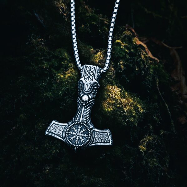 Collier viking nordique marteau Aegishjalmur en acier argent cadeau
