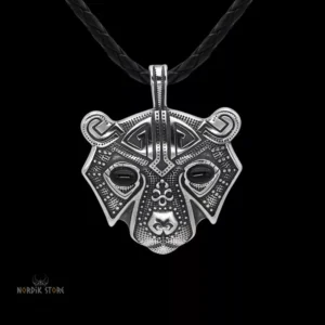 collier viking ours d'Odin argent, cuir et pierres vertes, cadeau homme