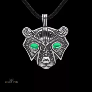 collier viking ours d'Odin argent, cuir et pierres vertes, cadeau